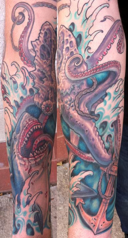Tattoos - Octopus fighting a shark tattoo - 71139